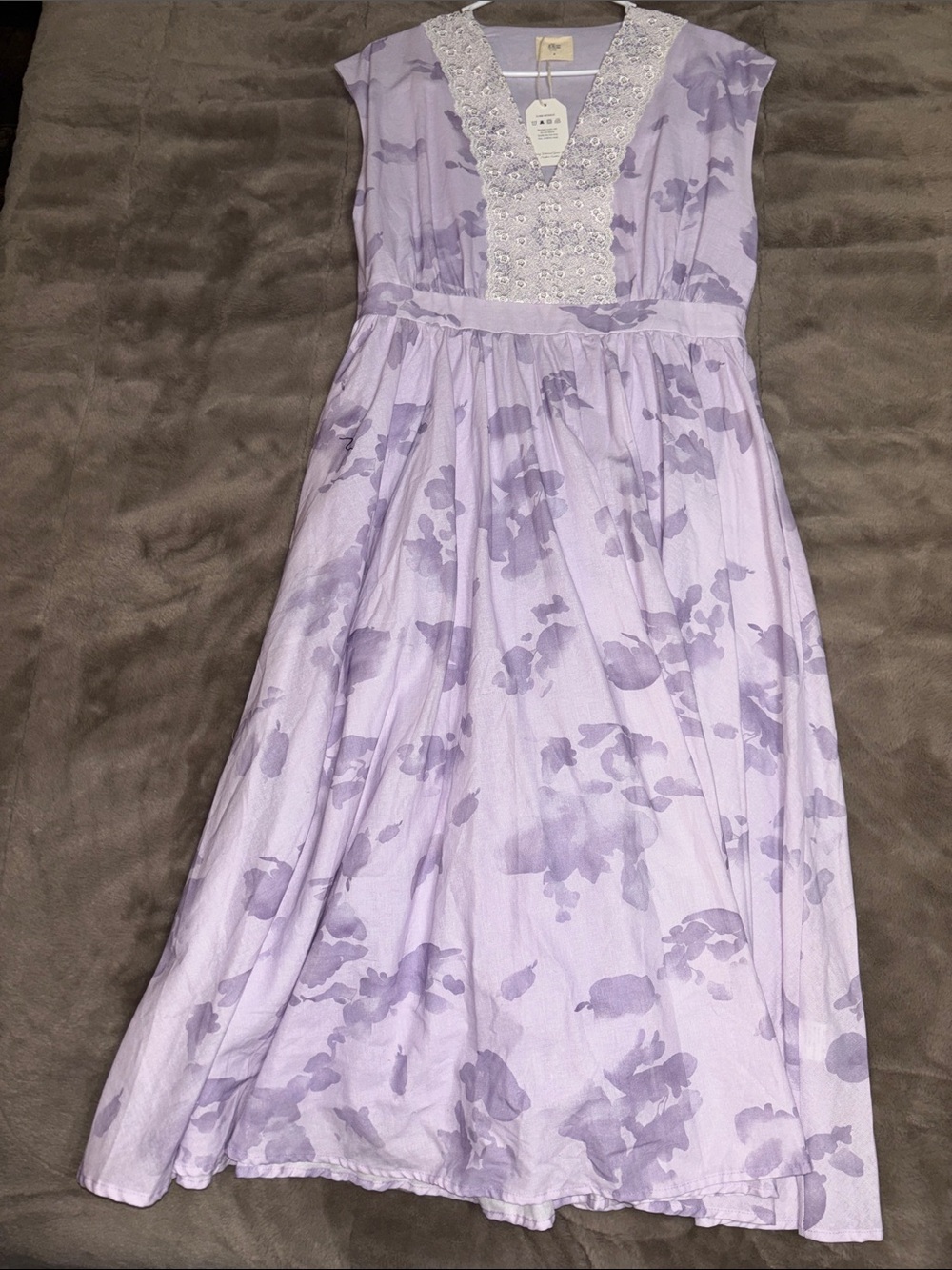 Lavender Floral Midi Dress with Lace V-Panel